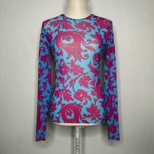 Etro Pink Blue Tile Print Mesh Long Sleeve Top Neiman Marcus Italy Size M